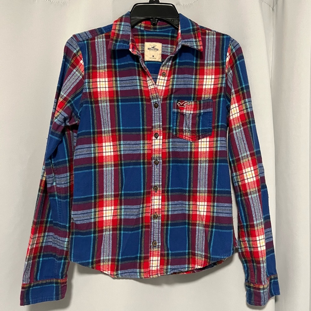 Hollister Red Blue Cream Button Down Flannel Shirt Size Medium Gently Used